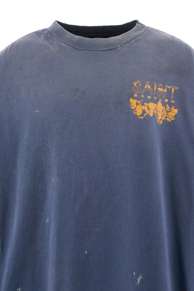 SAINT Mxxxxxx × BABYLON BBLN_LS TEE/SAINT BABYLON/NVY/BABYLON co-branded style Wolf head SAINT/nail distressed long sleeves Washed blue S-XL Completely matched Tube weaving fabric without side seams Garment dyeing Maliu water faded distressing Simulated sun fading treatment Natural fading Handmade holes and frayed Ink splashing treatment Correct main mark/wash mark/little angel anti-counterfeiting mark